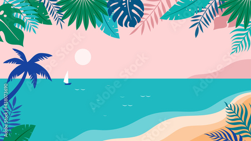 Summer time fun concept design. Creative background of landscape, sunny panorama of sea and beach. Summer sale, post template