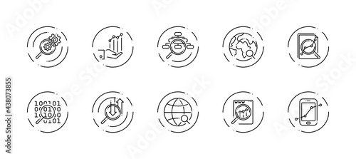 10 in 1 vector icons set related to data analysis theme. Black lineart vector icons isolated on background.