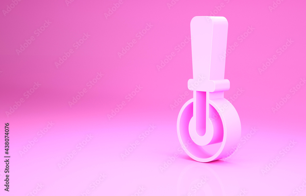 Pink Pizza knife icon isolated on pink background. Pizza cutter sign. Steel kitchenware equipment. Minimalism concept. 3d illustration 3D render Pink Pizza knife icon isolated on pink background. Pizza cutter sign. Steel kitchenware equipment. Minimalism concept. 3d illustration 3D render
