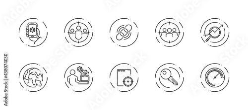 10 in 1 vector icons set related to seo link optimization theme. Black lineart vector icons isolated on background.