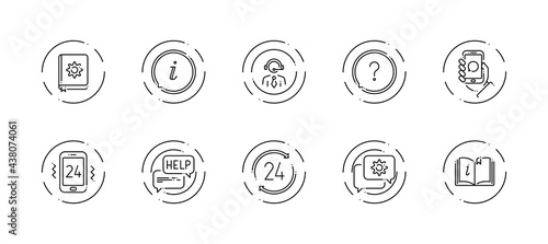 10 in 1 vector icons set related to help and support theme. Black lineart vector icons isolated on background.