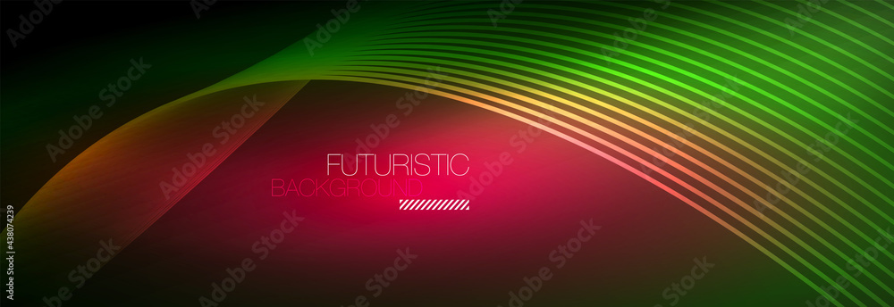 Abstract neon glowing light in the dark with waves. Shiny magic energy and motion concept, vector abstract wallpaper background Abstract neon glowing light in the dark with waves. Shiny magic energy and motion concept, vector abstract wallpaper background