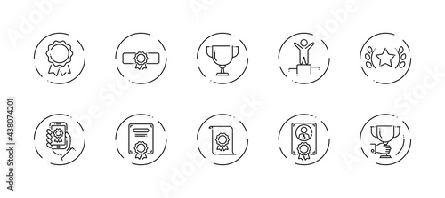 10 in 1 vector icons set related to winner award theme. Black lineart vector icons isolated on background.