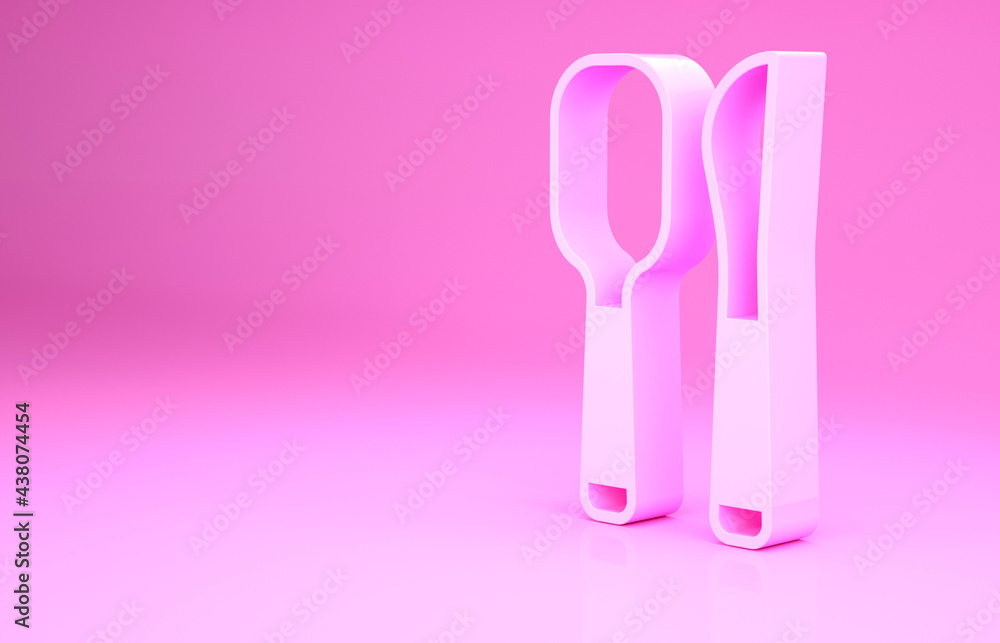 Pink Knife and spoon icon isolated on pink background. Cooking utensil. Cutlery sign. Minimalism concept. 3d illustration 3D render
