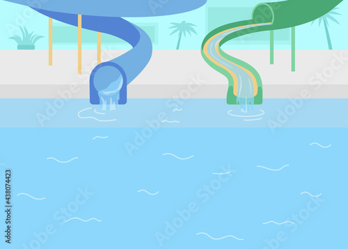 Water park flat color vector illustration. Pipeline for entertainment. Flowing water in tunnel lane in amusement park. Swimming pool 2D cartoon characters with tubes for fun on background