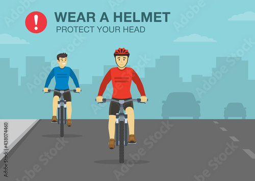 Safety bicycle driving rule. Wear your helmet to protect your head safety warning poster design. Front view of cycling bike riders. Flat vector illustration template. 