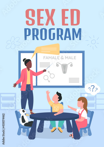 Sex ed program poster flat vector template. Teaching children human anatomy. Brochure, booklet one page concept design with cartoon characters. Preschool education flyer, leaflet with copy space