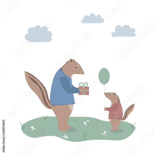 Father or grandfather chipmunk with a gift box and son with a balloon.