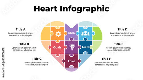 Puzzle jigsaw heart sign Infographic. Valentine's Day. Medical healthcare concept. 6 options diagram. Vector illustration slide template. 