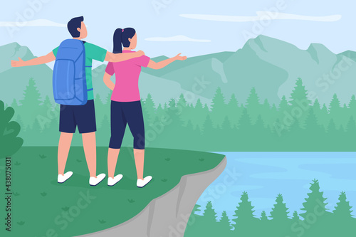 Backpacker couple in countryside flat color vector illustration. Boyfriend and girlfriend standing on peak. Trekkers enjoying view 2D cartoon characters with scenic mountains on background
