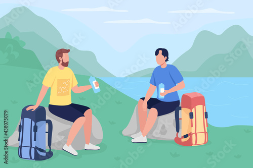 Trekkers drink water flat color vector illustration. Travelers on vacation in countryside. Backpackers sitting and resting 2D cartoon characters with panoramic wilderness on background