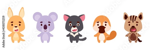 Cute australian animals set. Collection funny animals characters for kids cards, baby shower, birthday invitation, house interior. Bright colored childish vector illustration.