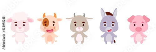Cute little farm animals set. Collection funny animals characters for kids cards, baby shower, birthday invitation, house interior. Bright colored childish vector illustration.