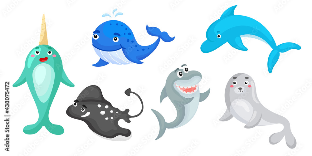 Set of ocean animals in cartoon style. Cute animals characters for kids cards, baby shower, birthday invitation, house interior. Bright colored childish vector illustration.