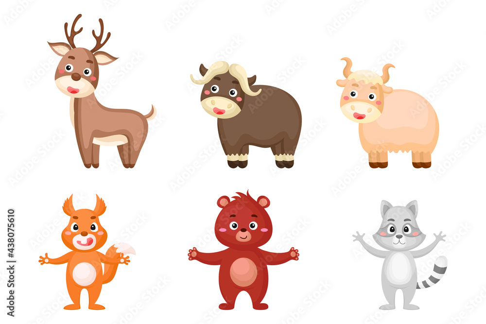 Set of woodland animals in cartoon style. Cute animals characters for kids cards, baby shower, birthday invitation, house interior. Bright colored childish vector illustration.