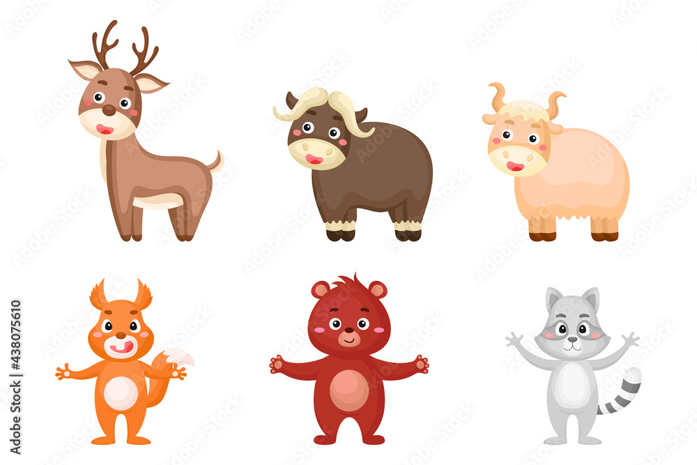 Set of woodland animals in cartoon style. Cute animals characters for kids cards, baby shower, birthday invitation, house interior. Bright colored childish vector illustration. Set of woodland animals in cartoon style. Cute animals characters for kids cards, baby shower, birthday invitation, house interior. Bright colored childish vector illustration.