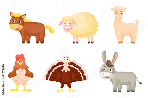 Set of farm animals in cartoon style. Cute animals characters for kids cards, baby shower, birthday invitation, house interior. Bright colored childish vector illustration.