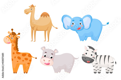 Set of african animals in cartoon style. Cute animals characters for kids cards  baby shower  birthday invitation  house interior. Bright colored childish vector illustration.