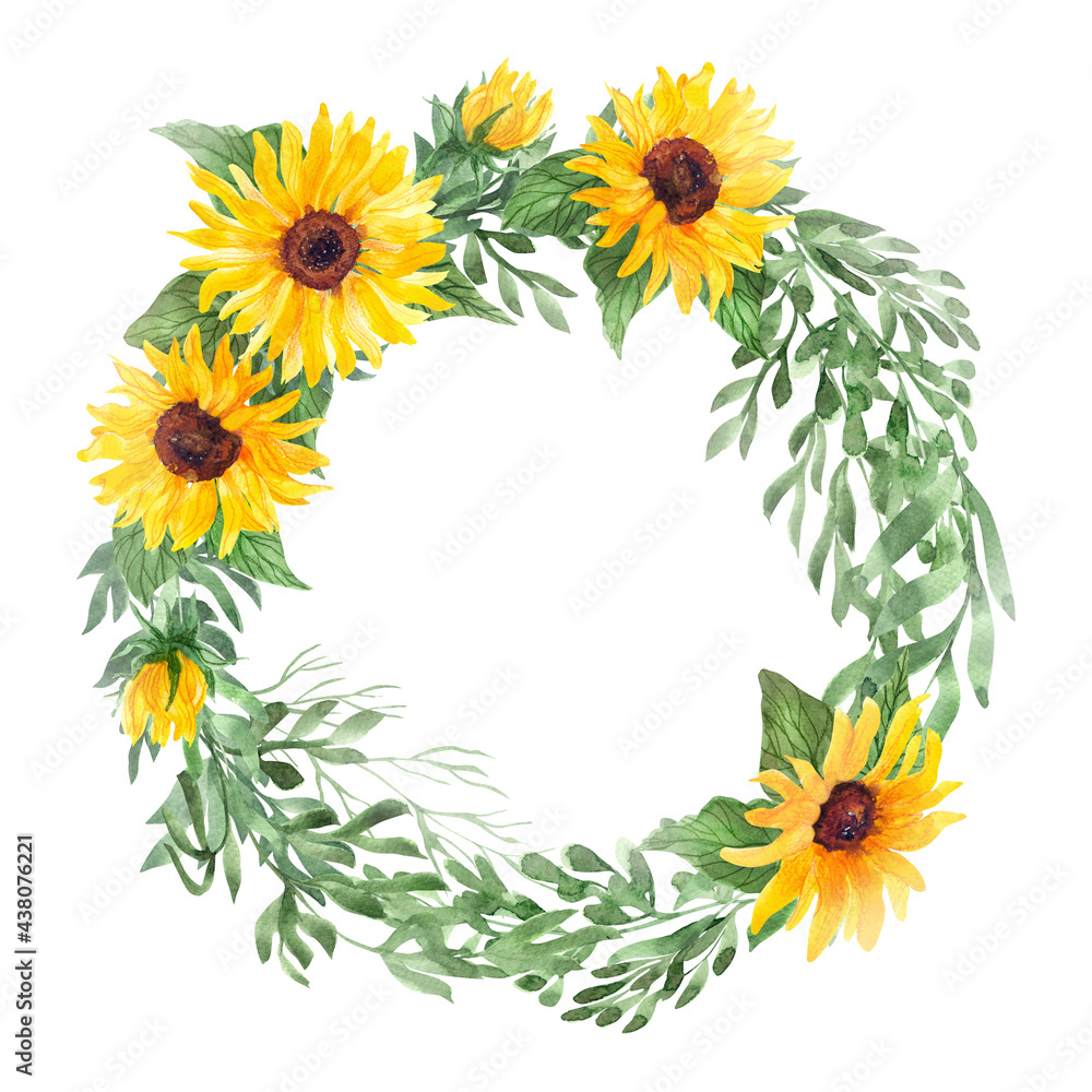 Watercolor hand painted floral round frame or wreath with green leaves ...