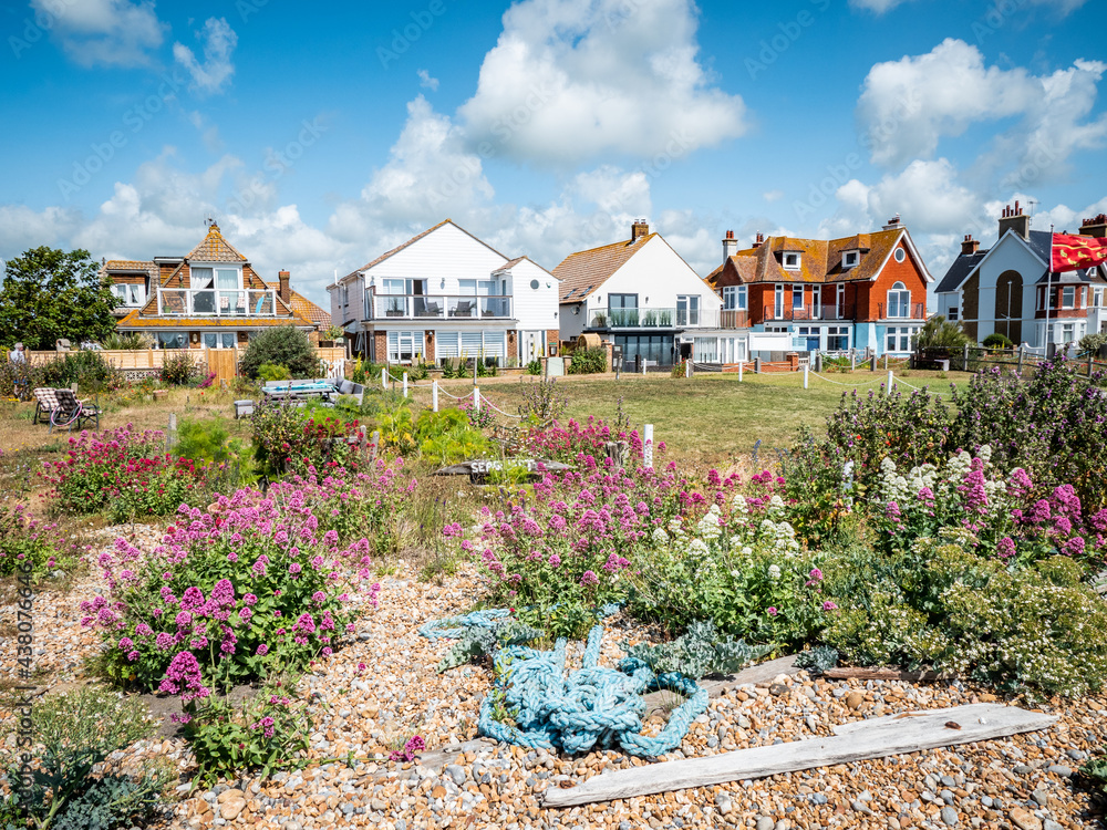 Beach Houses, Pevensey Bay, England. Beachfront homes on the pebble
