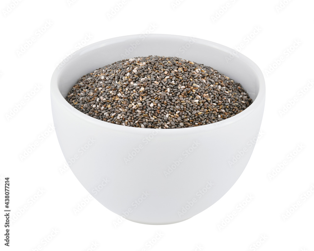 Chia seeds in wooden bowl isolated on white background. Chia seeds in wooden bowl isolated on white background.