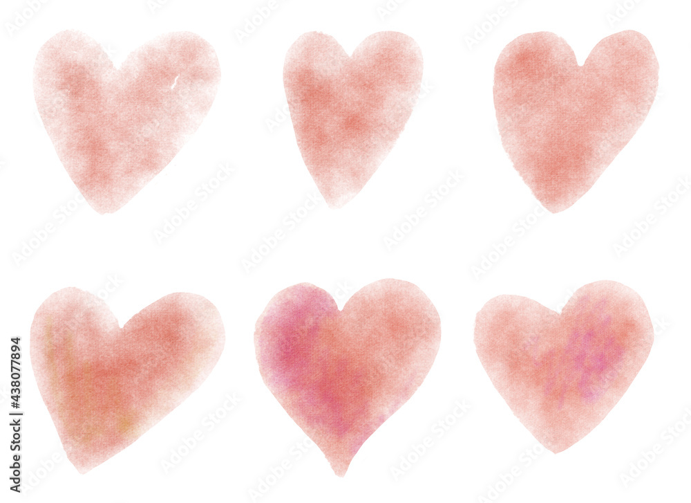 Set of simple watercolor isolated icon on white background. Cute red hearts for decoration or design.