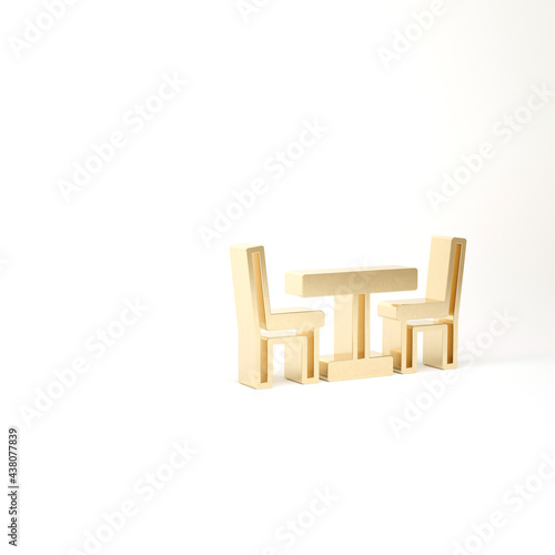 Gold Wooden table with chair icon isolated on white background. Street cafe. 3d illustration 3D render