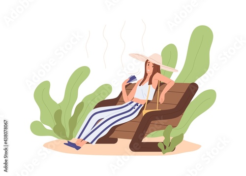 Heat and hot weather concept. Person sitting outdoors, feeling bad and tired because of high temperature on stuffy day. Woman overheating. Colored flat vector illustration isolated on white background