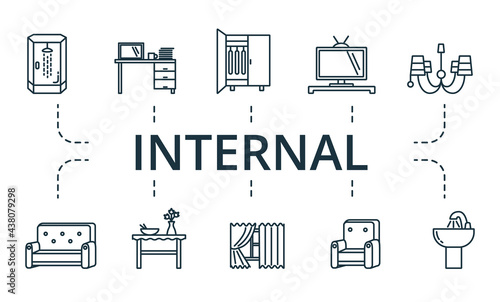 Internal icon set. Contains editable icons theme such as shower stall, entrance, coffee table and more.