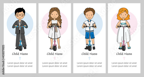 set card of my first communion of girl and boy. Skateboard kids