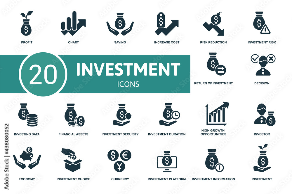 Investment icon set. Contains editable icons investment theme such as chart, increase cost, investment risk and more. Investment icon set. Contains editable icons investment theme such as chart, increase cost, investment risk and more.