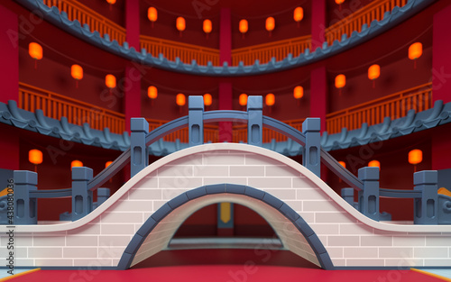 Chinese style bridge with red indoor background, 3d rendering.