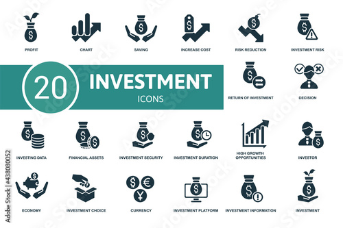 Investment icon set. Contains editable icons investment theme such as chart, increase cost, investment risk and more.