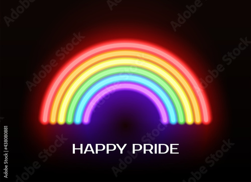 Happy pride vector greeting card with neon LGBT rainbow
