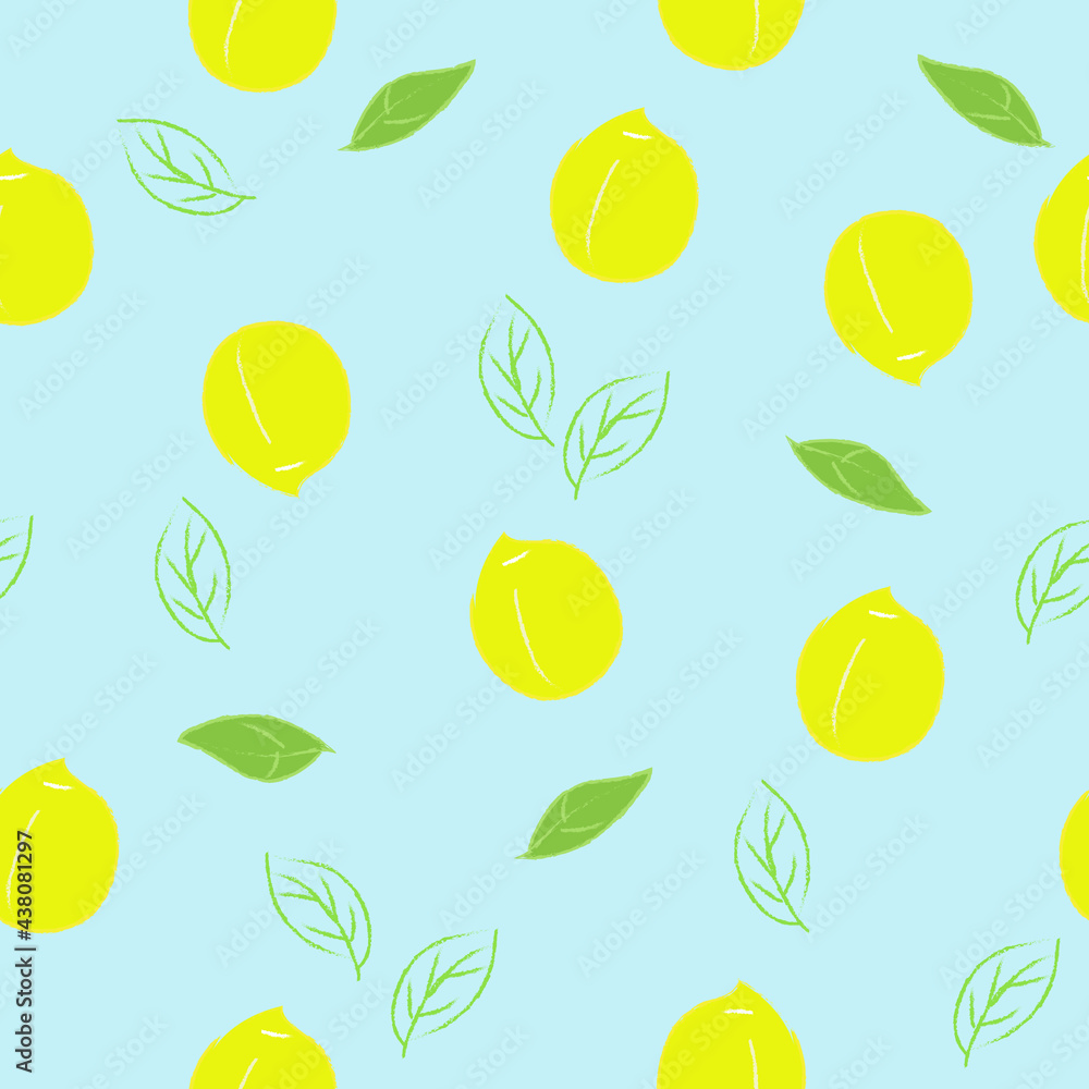 Blue background with lemons, seamless pattern with citrus fruit and leaves
Blue background with lemons, seamless pattern with citrus fruit and leaves