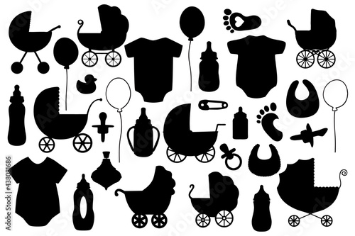 Newborn clip art silhouettes on white background. Pregnancy, baby shower elements basis