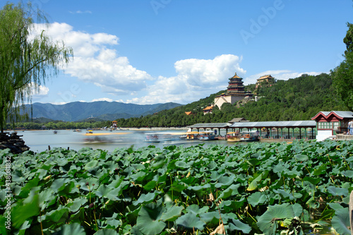 The Summer Palace with lotus leaves and blue sky