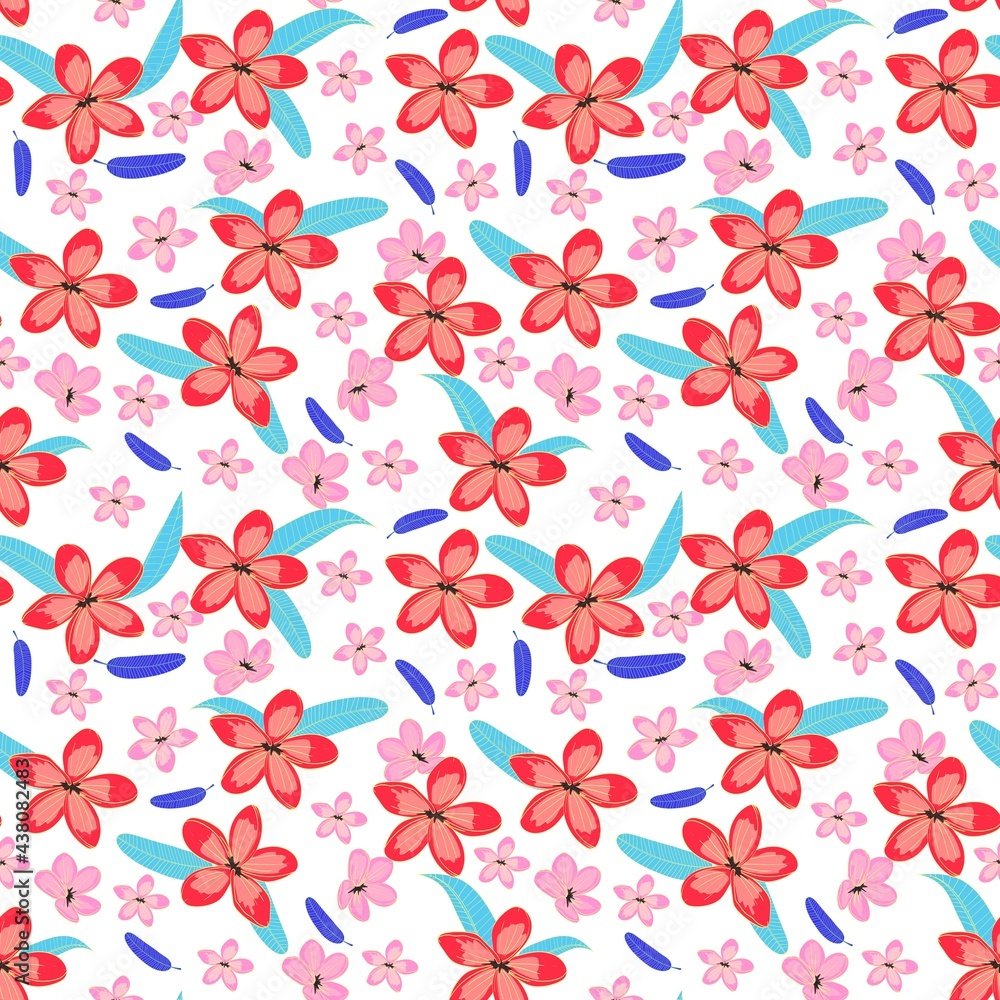 Floral seamless pattern with red plumeia flowers and blue leaves on white background. Perfect for textile, paper, print, packaging, wallpaper. Vector pattern.