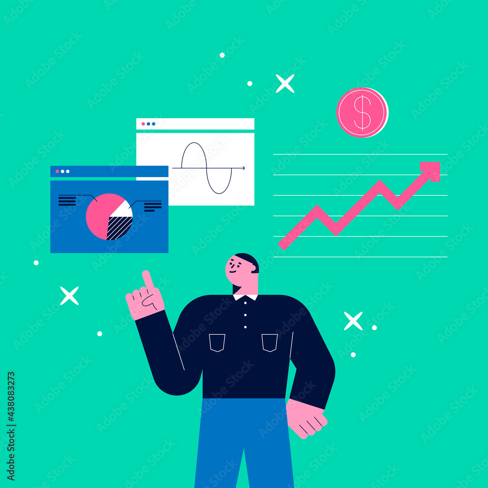 A businessman pointing his finger at a graph. Finance and Business Concept. Flat Vector Illustration. A businessman pointing his finger at a graph. Finance and Business Concept. Flat Vector Illustration.