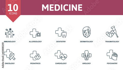 Medicine icon set. Contains editable icons medical theme such as immunology, dentistry, traumatology and more.