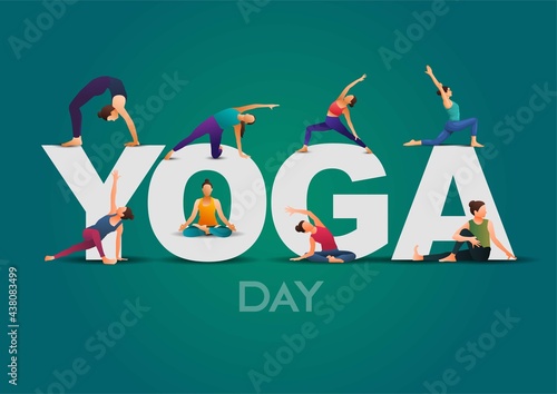 international yoga day. yoga body posture. group of Woman practicing yoga. vector illustration design