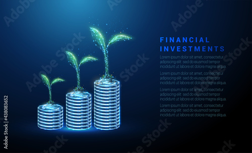 Abstract growing green plants on coins stacks