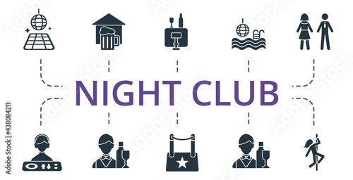 Night Life icon set. Contains editable icons night life theme such as pub, pole dance, dj and more.