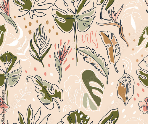 Bohomian seamless pattern with monstera leaves.