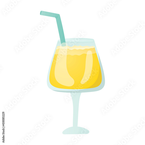 Alcoholic or non-alcoholic cocktail in a glass. Vector isolated illustration of a drink on a white background. Yellow pineapple juice with a drinking straw. Design element for bar or menu.