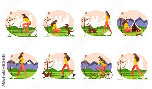 Young girl doing different outdoor activities: running, rollerblading, walking and playing with the dog, traveling, cycling. Spring activities set.