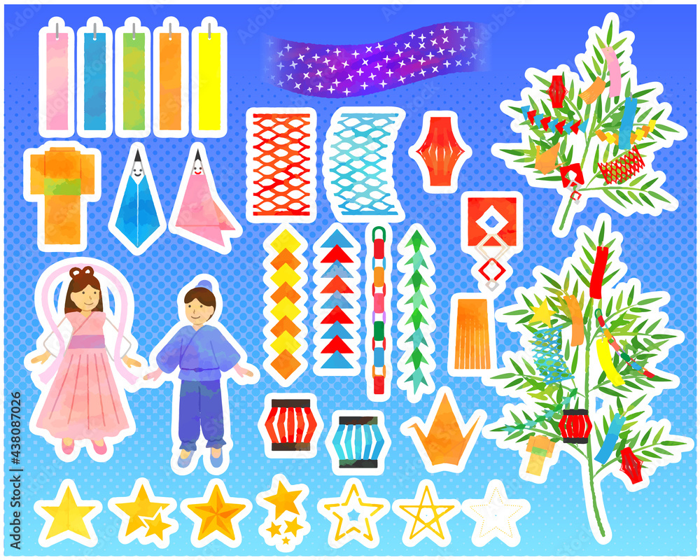Tanabata motif illustration set material analog style