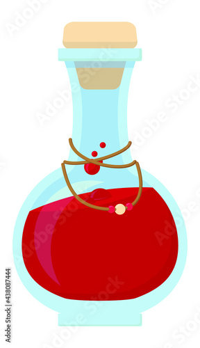 Vector illustration of medium vial with red, bubbly liquid inside - Potion of lesser healing - with embellishments