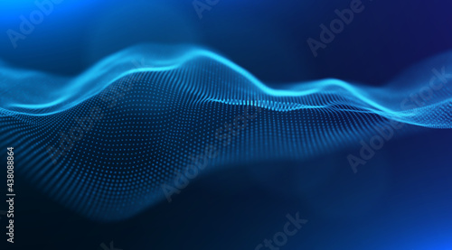 Wave of blue particles. Abstract technology flow background. Sound mesh pattern or grid landscape. Digital data structure consist dot elements. Future vector illustration.