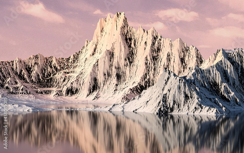 Snowy mountains with sunset background, 3d rendering.
